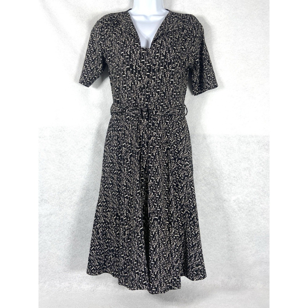 Effie's Heart Dress Women's Large Black White Fit & Flare Musical Print Belted